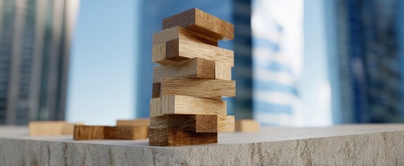 The wooden block tower balancing on a concrete ledge against a city skyline