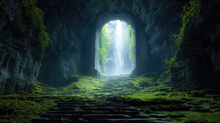 A cave with a stone pathway leading towards a waterfall, surrounded by lush green vegetation and illuminated by dramatic lighting.