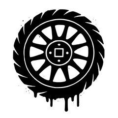 Edgy automotive wheel graphic with grunge drips for a bold, modern, and striking design element