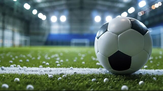 A close-up of a soccer ball on a green indoor field under bright stadium lights with white granules on the turf
