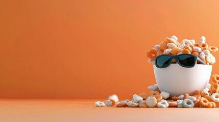 A white bowl filled with colorful cereal, wearing sunglasses, set against an orange background. Some cereal is scattered around the bowl.