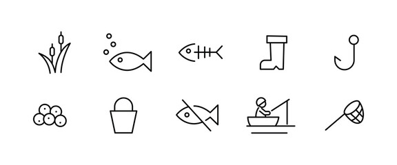Fishing Icon Set.  Minimalist Line Style Fishing Symbols for Outdoor and Sport line icons set, editable stroke isolated on white, linear vector outline illustration, logo design style © Aygun