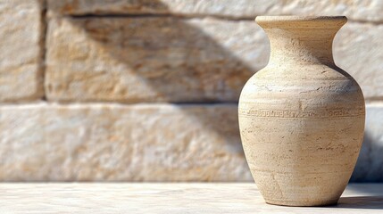A ceramic vase stands on a surface in front of a stone wall, illuminated by sunlight, creating shadows.