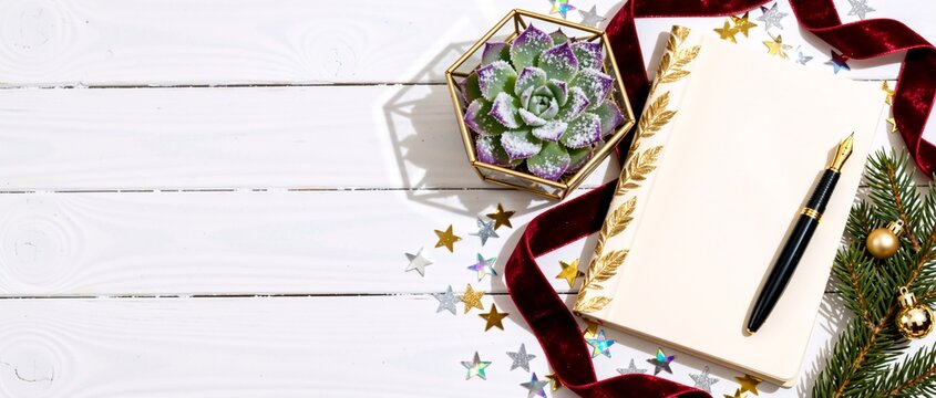 Festive holiday flat lay with a blank notebook and fountain pen on a white wood background. Christmas and New Year's resolutions concept with copy space