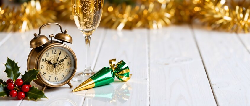 Festive New Year's Eve countdown with a vintage clock and champagne. Holiday celebration background with party decorations on a white wooden table. Wide panoramic banner with copy space for text