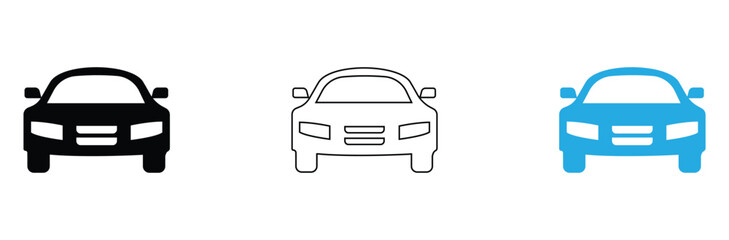 Sleek car icons in black, blue, and outline for transportation design, vector art, or automotive themes, minimal illustration set for web or print design
