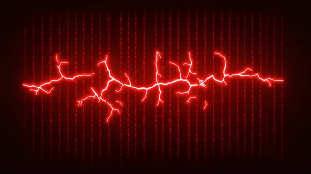 Abstract red lightning bolts striking through a dark digital background with binary code pattern representing technology and energy 4k Video footage