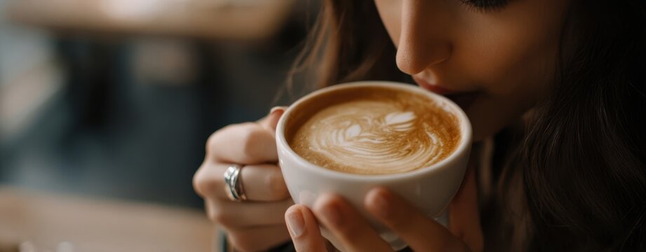 The Latte Cup Held by a Woman Enjoying a Cozy Morning in a Cafe