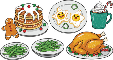 Whimsical Chalk Christmas Feast Doodles with Cute Holiday Meals.