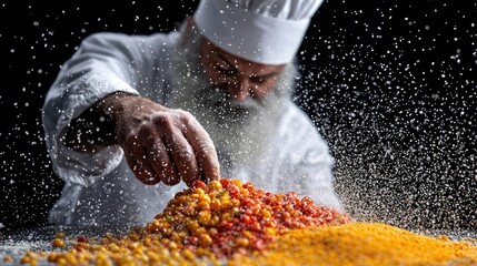 A chef sprinkles spices onto a pile of colorful ingredients in a kitchen setting. The image is a close-up with dramatic lighting.