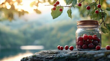 A glass jar filled with fresh cherries sits on a mossy rock, surrounded by more cherries and a blurred background of a lake and trees, bathed in sunlight.