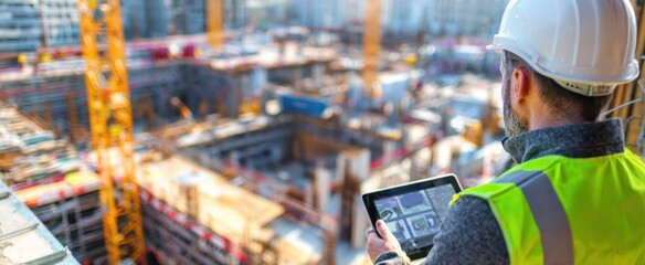Obraz premium The construction manager using a tablet inspecting a large urban building site