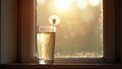 A dandelion in a glass of water on a sun-drenched windowsill, a quiet offering to the morning light. The scene is captured with a soft, film-like quality.
