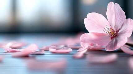 Close-up of a pink cherry blossom with scattered petals on a surface, soft focus and lighting.