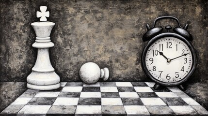A chess king and pawn are positioned on a chessboard next to a clock, representing the concept of time and strategy.