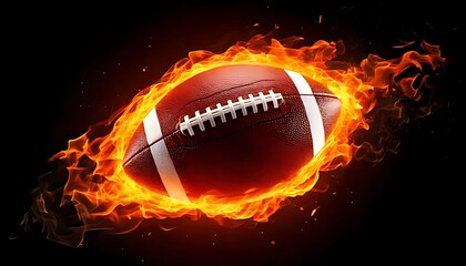 Brown, textured football engulfed in bright, energetic orange and yellow flames against a stark black backdrop