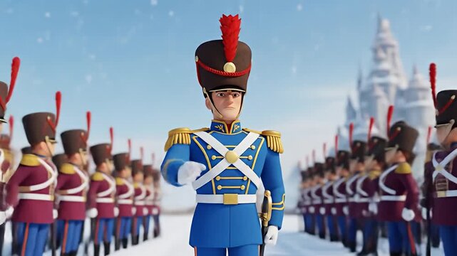 A toy soldier in a blue uniform stands at attention, surrounded by other toy soldiers in a snowy landscape with a castle in the background.