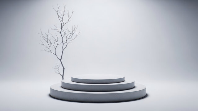 Minimalist Product Display Podium with Bare Tree White Background