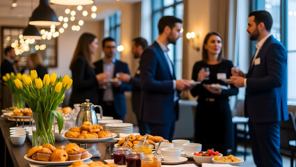 Business networking event with a buffet spread and people mingling