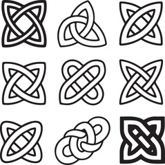 Illustration of collection of nine black and white celtic knot designs featuring various interwoven patterns and shapes