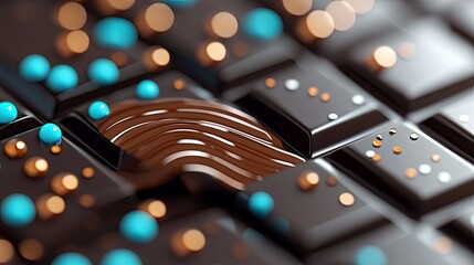 Close-up of a chocolate bar with blue and gold decorations and a bokeh effect.