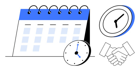 Spiral calendar, analog clocks, and handshake communicate planning, scheduling, and teamwork. Ideal for productivity, time management, appointment setting, deadlines collaboration meeting