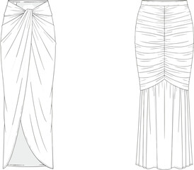 Technical vector sketch of a women's slim-fit midi skirt with front knot draping and ruched rear panel detail
