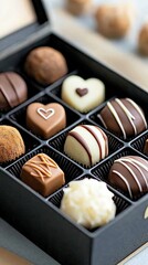 Close-up shot of a black box filled with assorted chocolates, truffles, and sweets. The image showcases a variety of shapes, flavors, and decorations.