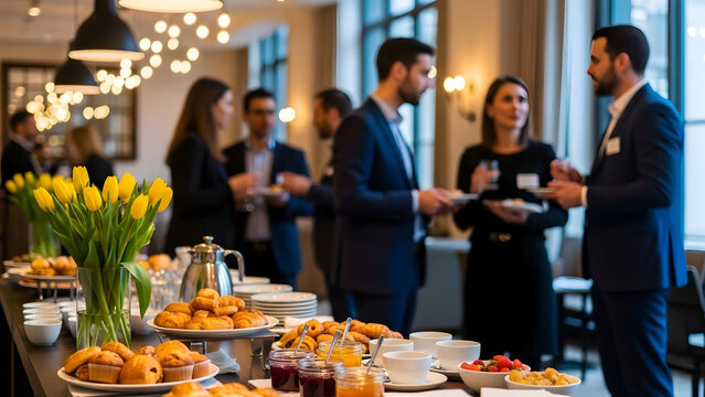 Business networking event with a buffet spread and people mingling