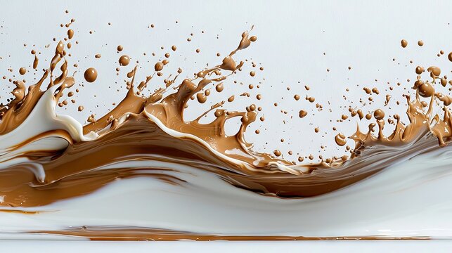 A dynamic splash of chocolate and cream against a white backdrop, showcasing liquid movement and texture. - Powered by Adobe