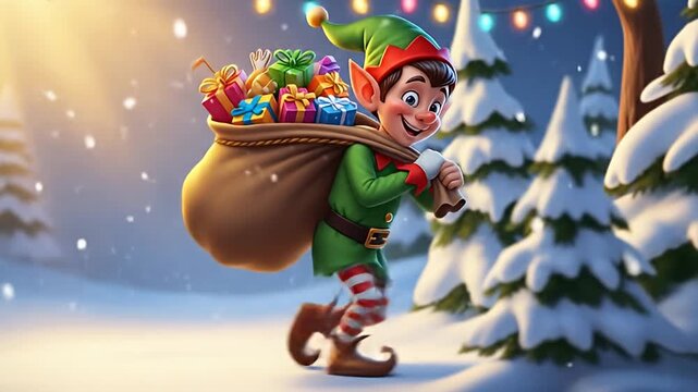 Christmas Elf Delivering Gifts in a Snowy Wonderland.