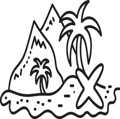 Illustration of simple black and white line art drawing of a tropical island scene featuring mountains, palm tree, beach sand, and a starfish, perfect for coloring book page or icon