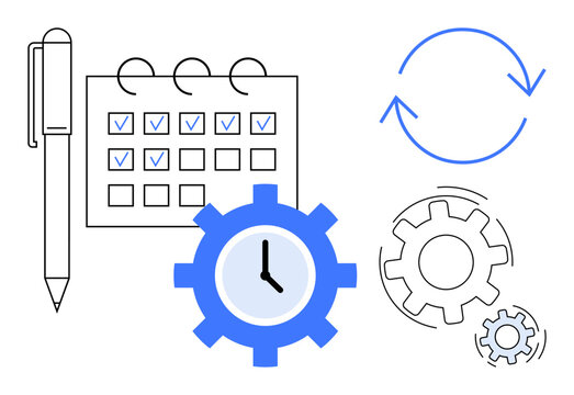 Pen beside a marked calendar, gear with clock, and circular process arrows signify productivity, scheduling, workflow, task management, deadline tracking, efficiency and organization. Simple flat