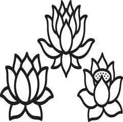 Illustration of set of three stylized black and white lotus flower outline icons representing purity, enlightenment, and spiritual growth