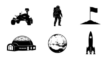 Explore Mars with a rover, astronaut, flag, dome habitat, planet, and rocket for a futuristic and adventurous journey of discovery