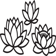 Illustration of three stylized black and white lotus flower outlines in different stages of bloom, perfect for design elements