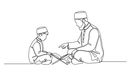 An elderly man teaching a young boy how to read the quran in a traditional setting