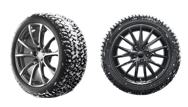 black and white car tire with a winter snowy wheel on a transparent