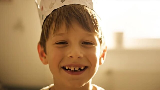 Happy young boy smiling with missing teeth, wearing a paper crown