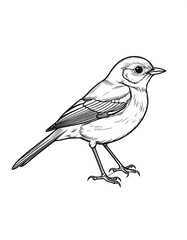 Bird illustration standing sideways, head turned, detailed feathering, fine lines, isolated on white