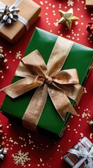 Colorful gift wrapped in shiny green paper with gold ribbon placed on festive red background surrounded by decorations and small presents