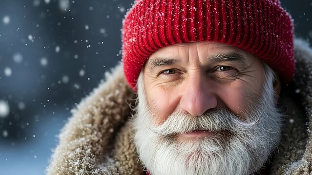 Close up portrait of senior man with white beard and red hat in snow
 - Powered by Adobe