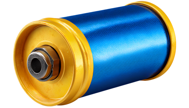 blue and yellow oil filter isolated on a transparent background