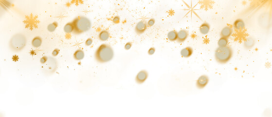 Golden Bokeh and Snowflakes Particles Overlay on Transparent Background perfect for New Year Celebration Card or Festive Scene Design