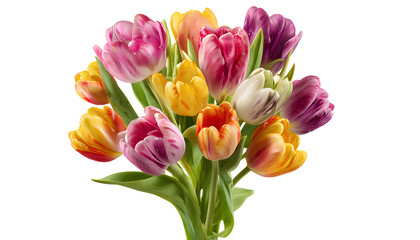 bouquet of colorful tulips isolated on a white background, detailed photograph, png