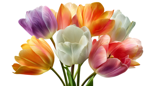 bouquet of colorful tulips isolated on a transparent
