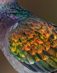 Bird feathers show iridescence with green, purple, orange, and golden colors creating a beautiful display