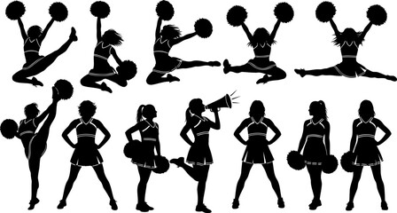 Cheerleader silhouettes in various poses with pom poms on a white background