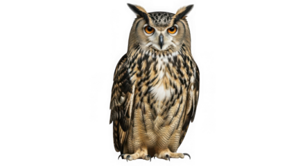 Eurasian eagle owl standing alert isolated on transparent background