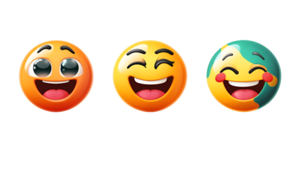 Three cheerful and expressive 3drendered emoji faces showing different levels of joy and laughter, isolated on transparent background